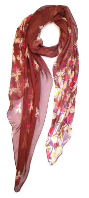 Scarf 100% Silk Chiffon Flower Braun Beige Khaki